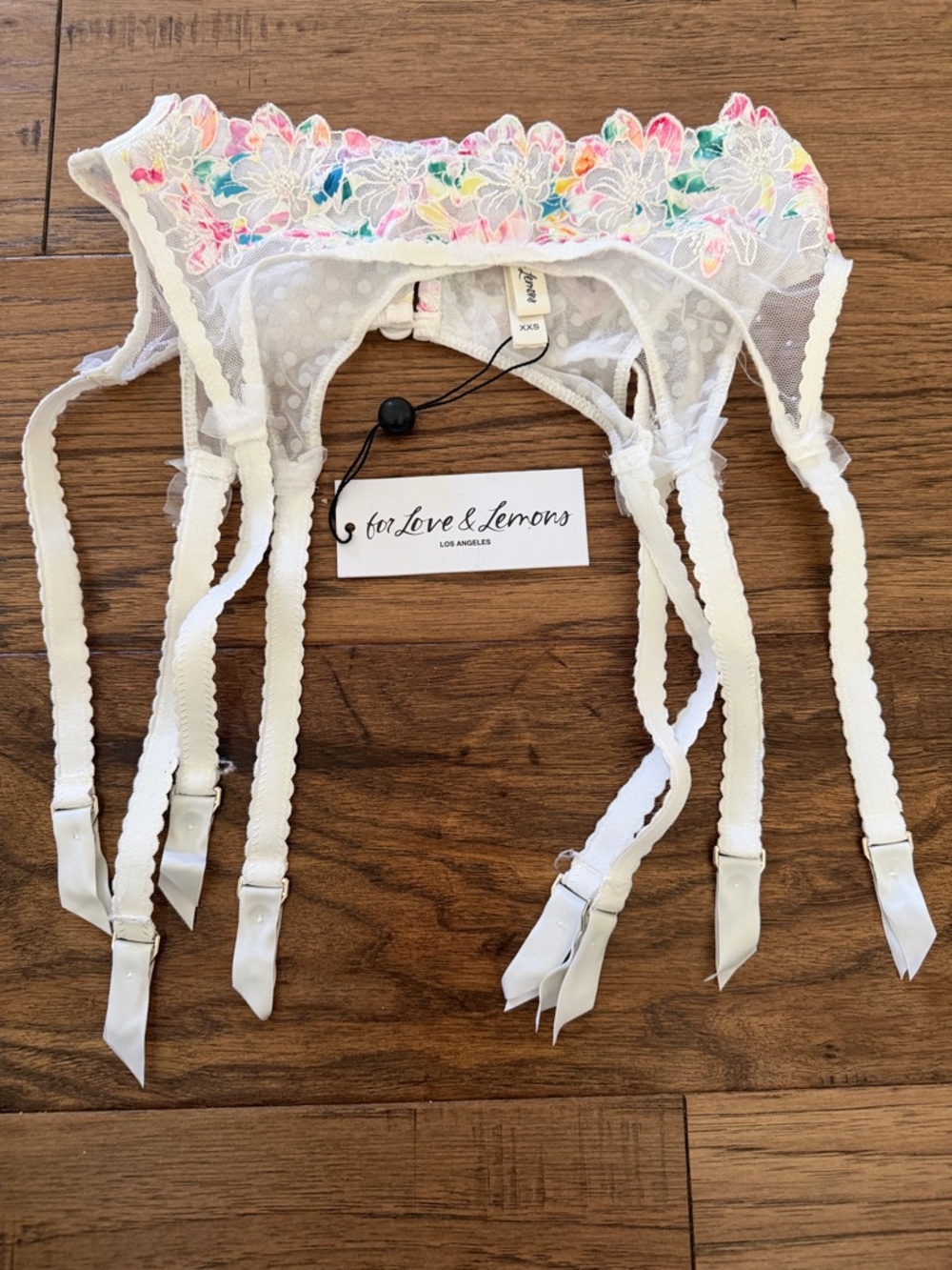 For Love & Lemons White with Rainbow Floral Embroidered Lace Garter Belt
